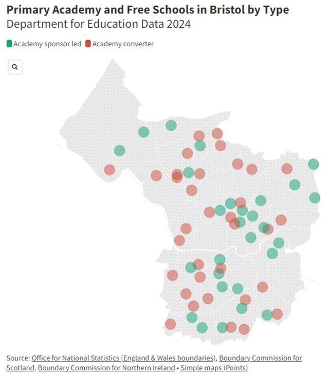 A spotted map showing Primary Academy and Free Schools in Bristol by Type Department for Education 2024